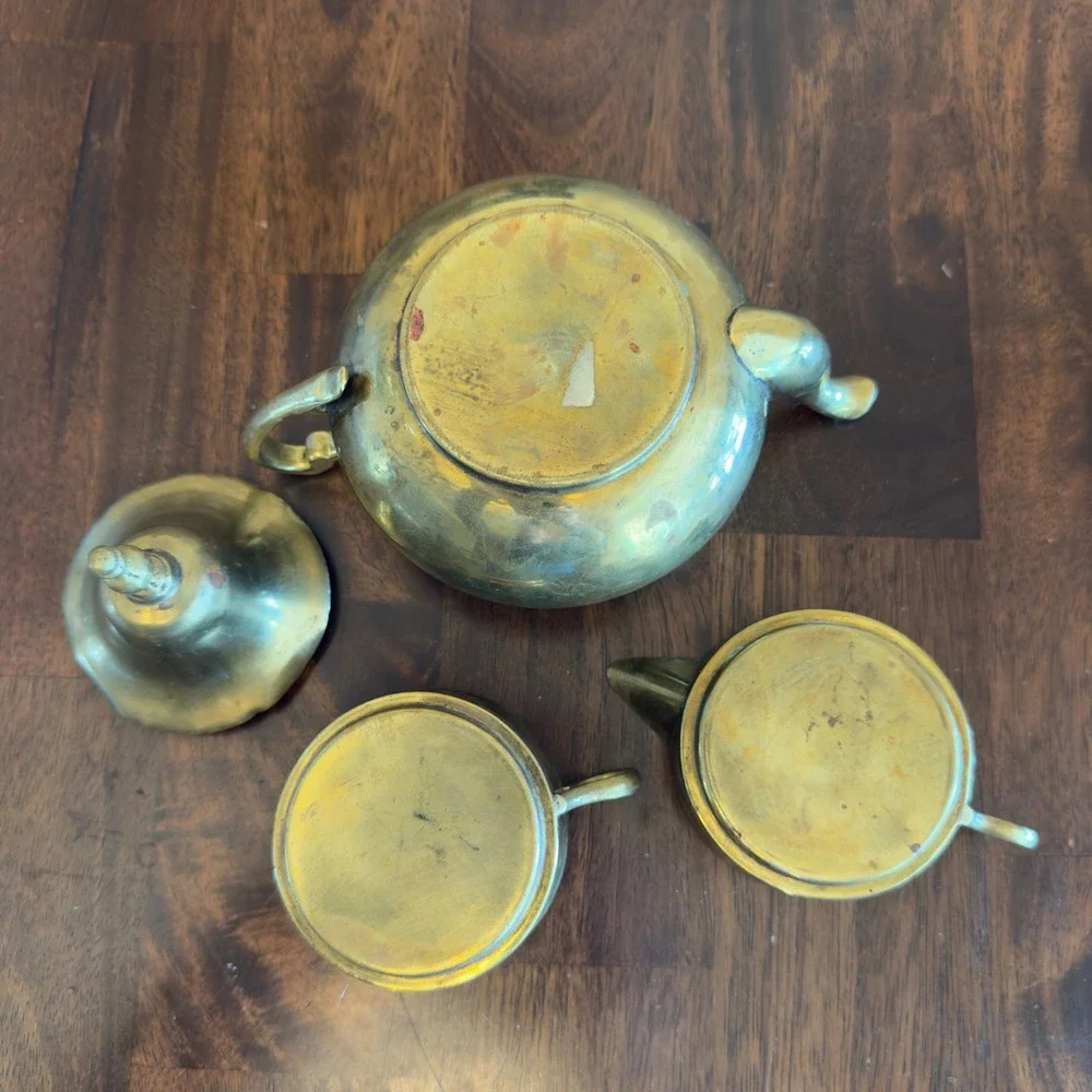 Vintage Brass Stacking Tea Set 4 Piece Teapot Creamer Sugar Bell Lid India Style